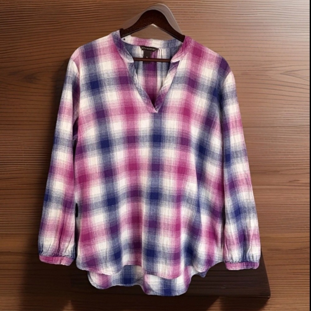 Bit & Bridle Shadow Plaid‎ XL V-Neck Long Sleeve Blouse Top Popover Purple Pink